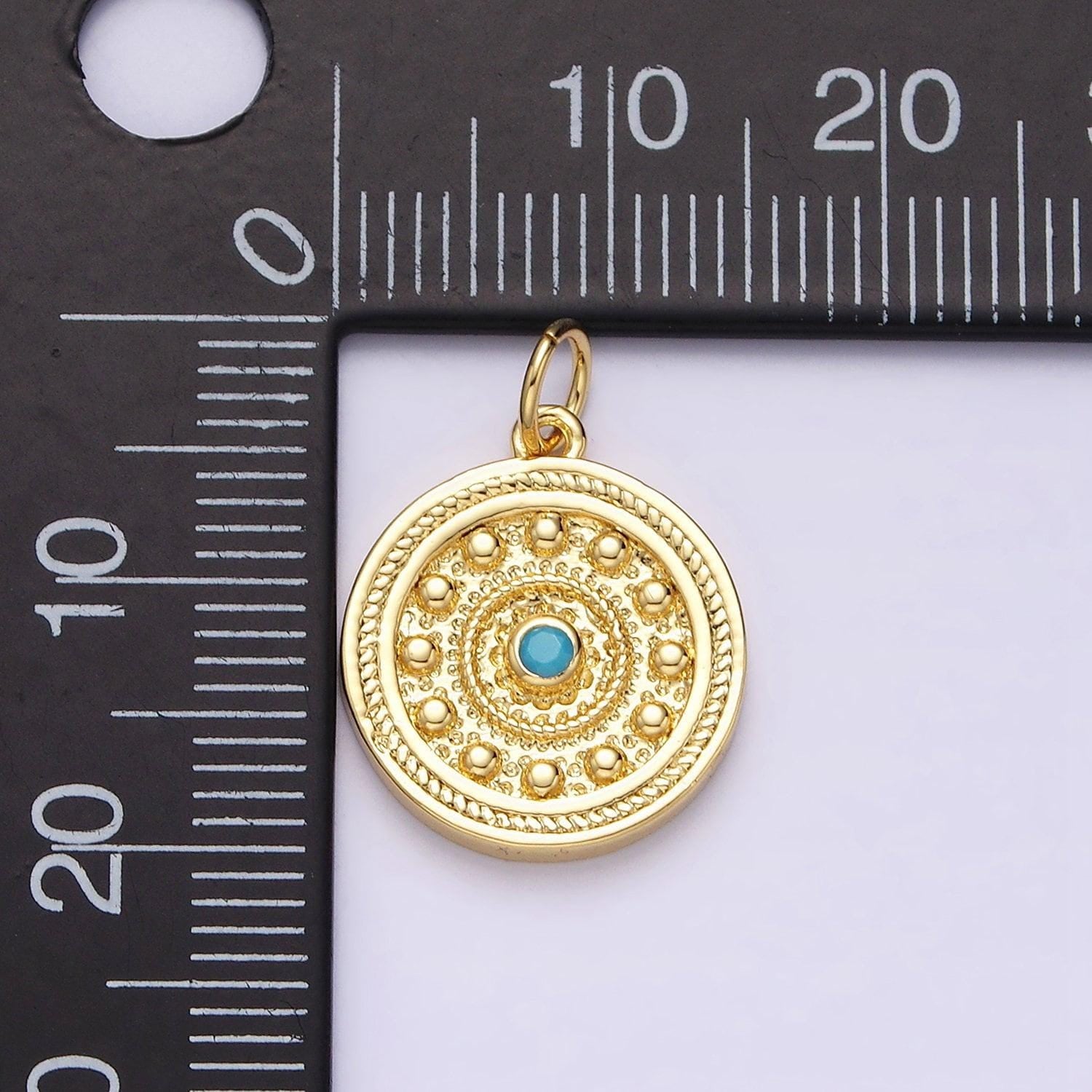 14k gold filled turquoise beaded bubble hammered braided round charm | ac1289