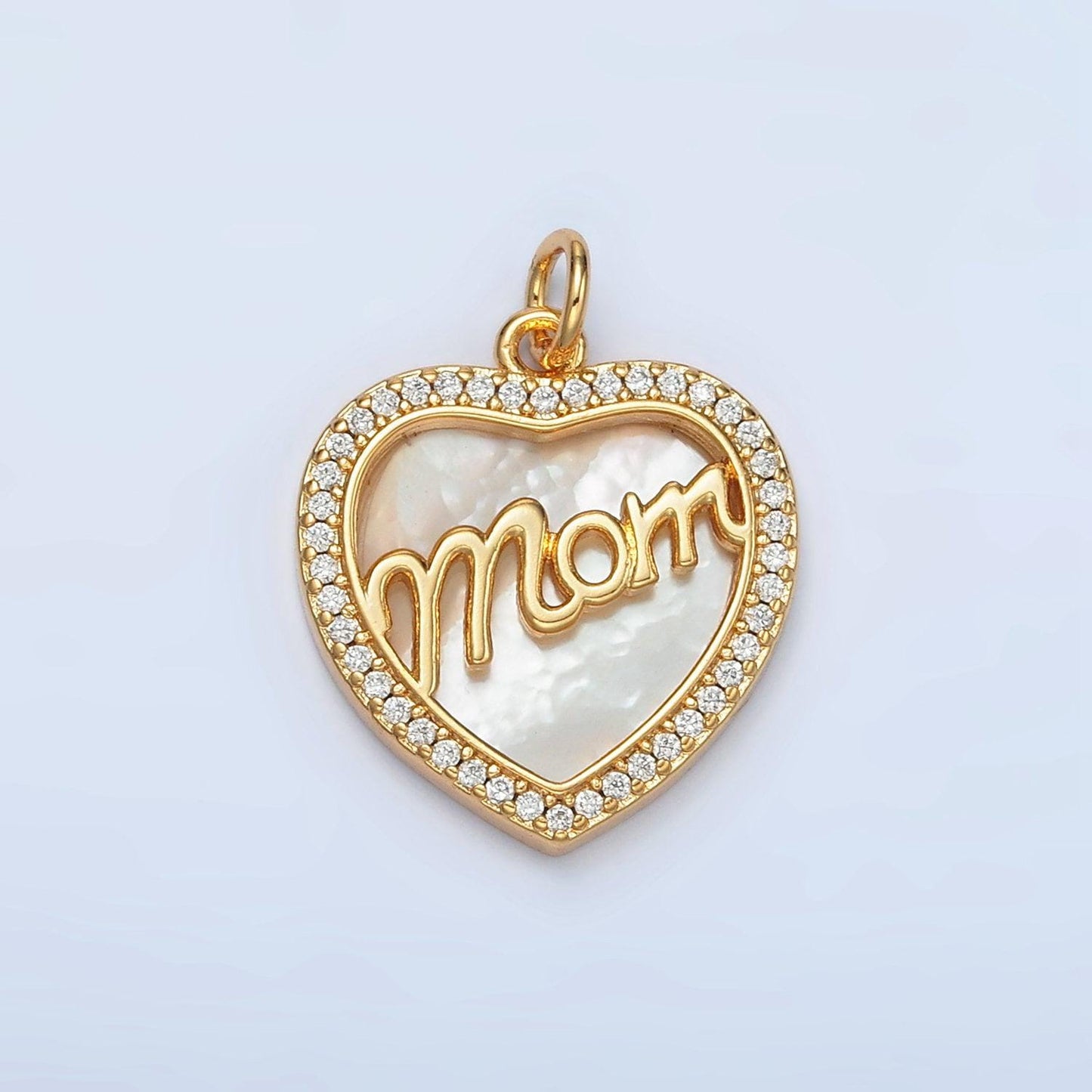 24k gold filled shell pearl cz paved 'mom' heart charm | ag-858