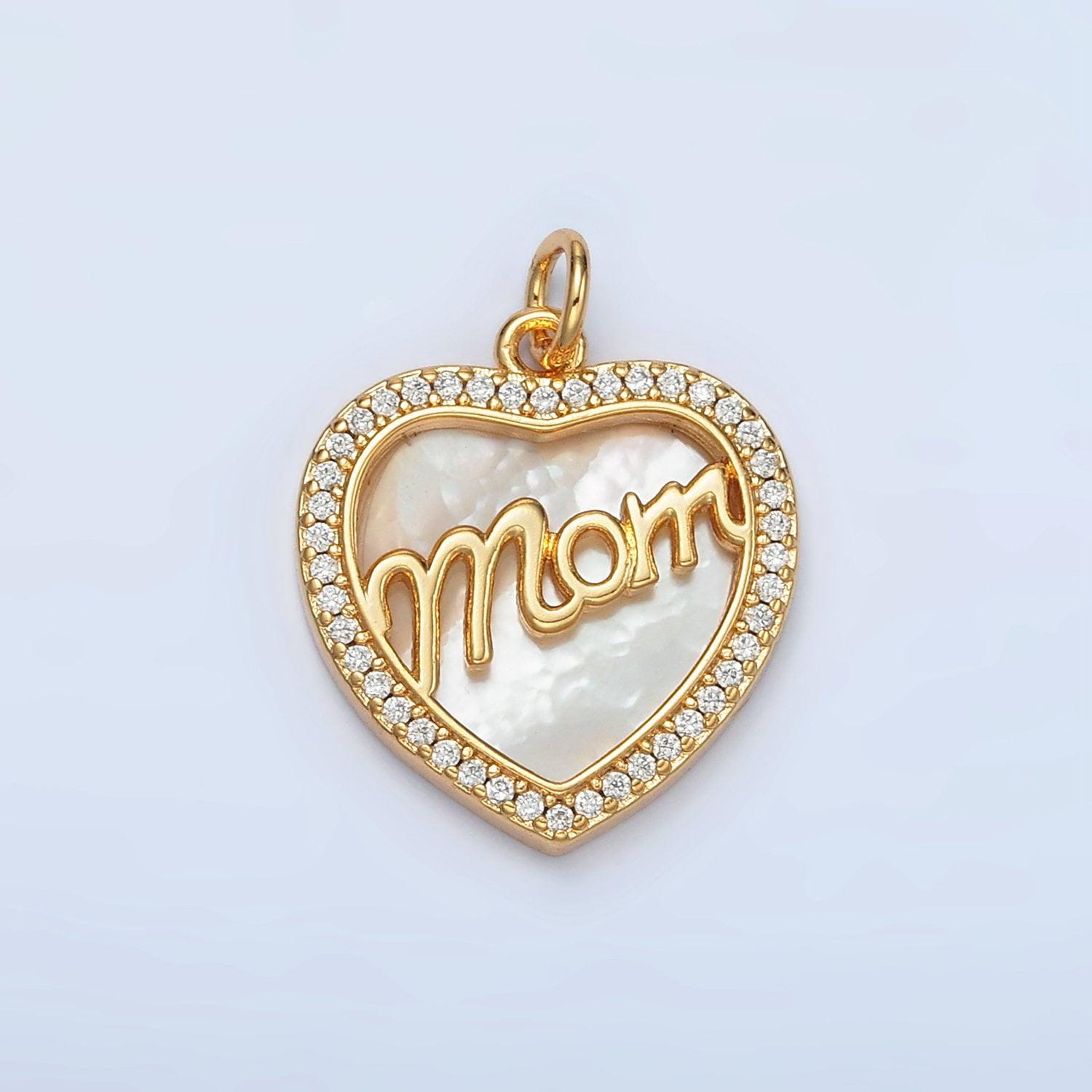 24k gold filled shell pearl cz paved 'mom' heart charm | ag-858