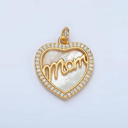 24k gold filled shell pearl cz paved 'mom' heart charm | ag-858