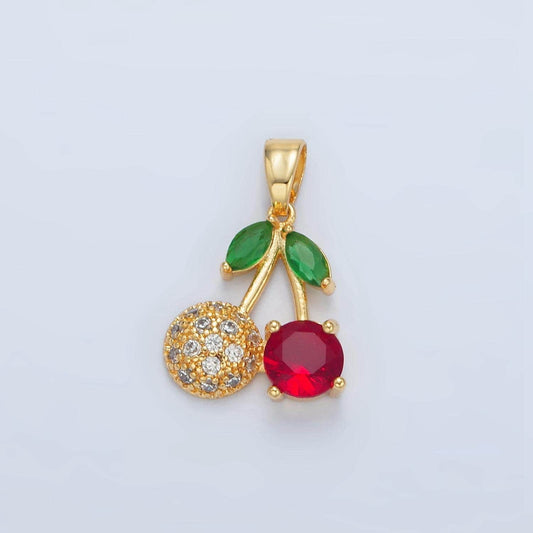 Red single cherry & micro paved cz cherry 24k gold filled fruit charm | aa-129