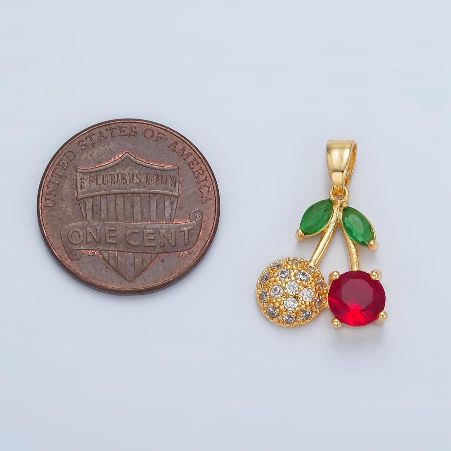 Red single cherry & micro paved cz cherry 24k gold filled fruit charm | aa-129