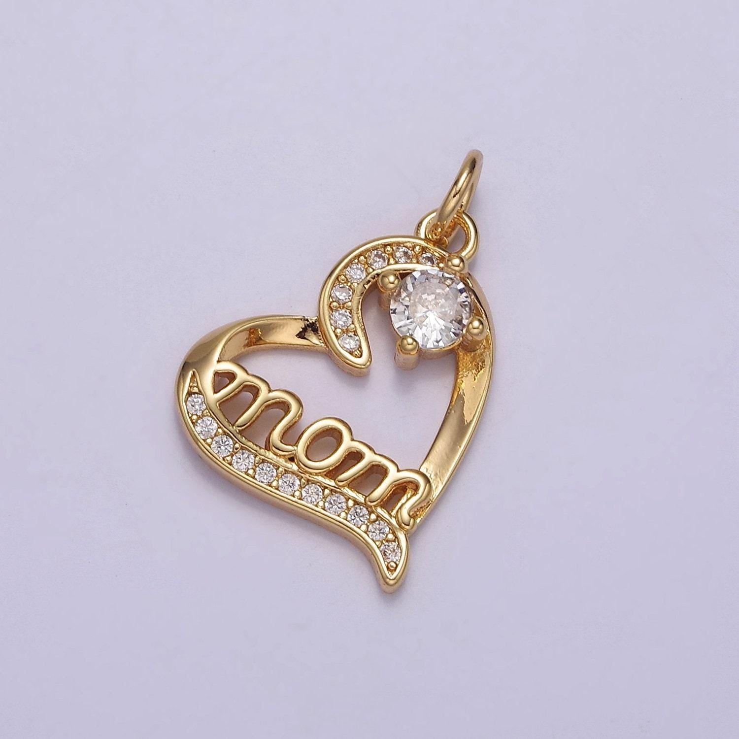 Dainty mom charm pendant, mother's day charms pendants, mom heart, 18k gold filled charm micro pave mom charm dangle pendant e-712