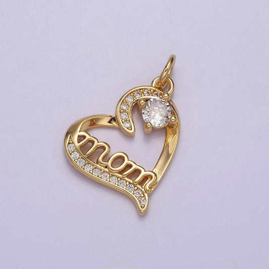 Dainty mom charm pendant, mother's day charms pendants, mom heart, 18k gold filled charm micro pave mom charm dangle pendant e-712