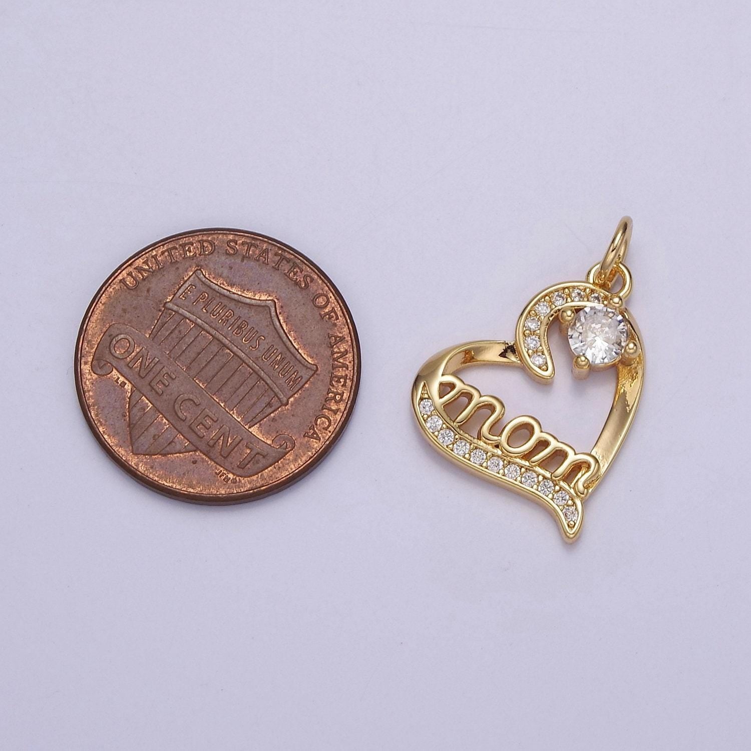 Dainty mom charm pendant, mother's day charms pendants, mom heart, 18k gold filled charm micro pave mom charm dangle pendant e-712