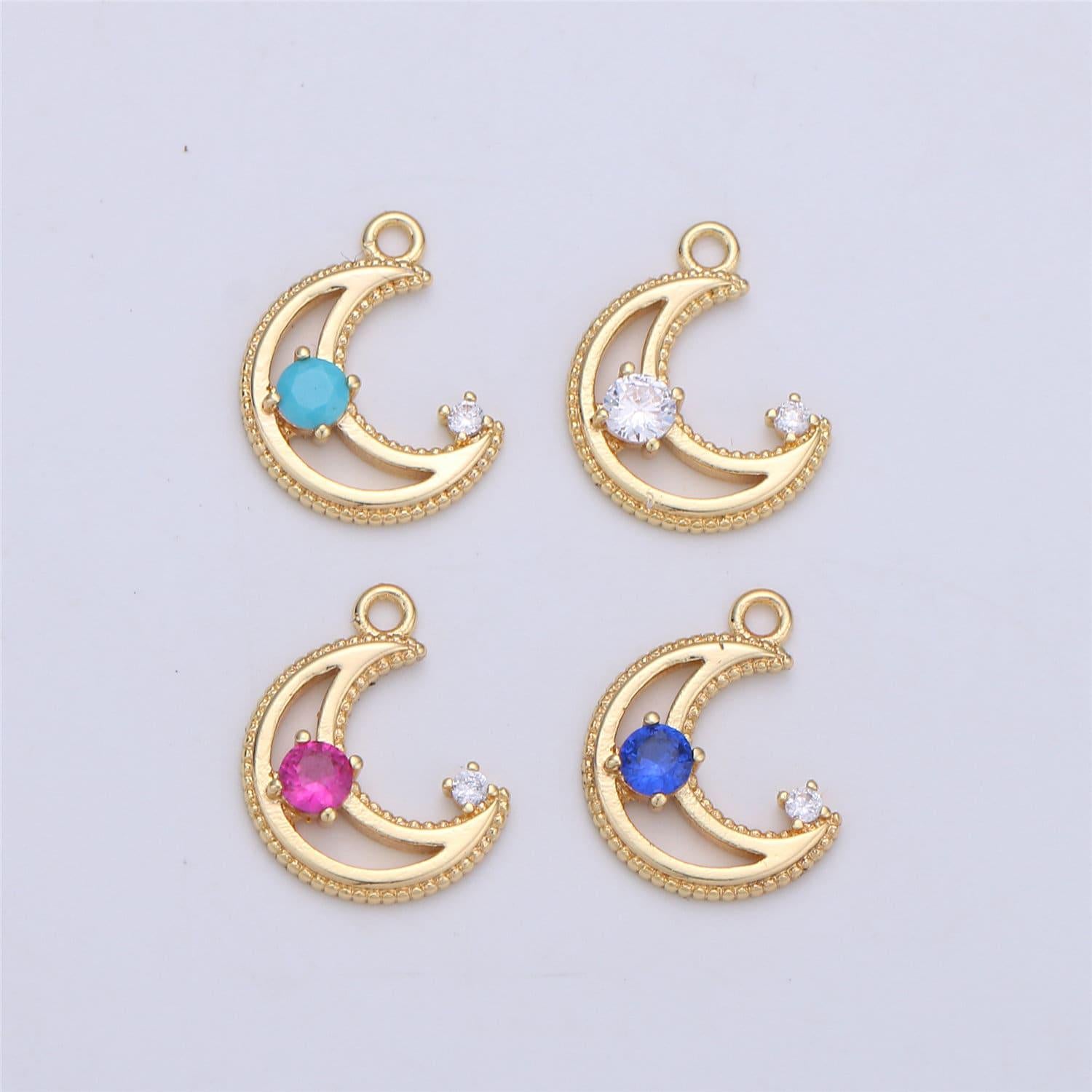 Dainty gold cz crescent moon cubic zirconia with pink blue clear teal cz 14k gold filled pave charm celestial unique charm i-332
