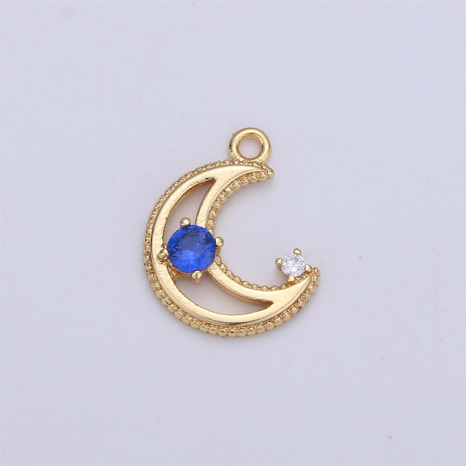 Dainty gold cz crescent moon cubic zirconia with pink blue clear teal cz 14k gold filled pave charm celestial unique charm i-332