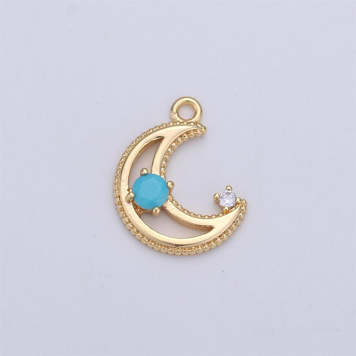 Dainty gold cz crescent moon cubic zirconia with pink blue clear teal cz 14k gold filled pave charm celestial unique charm i-332