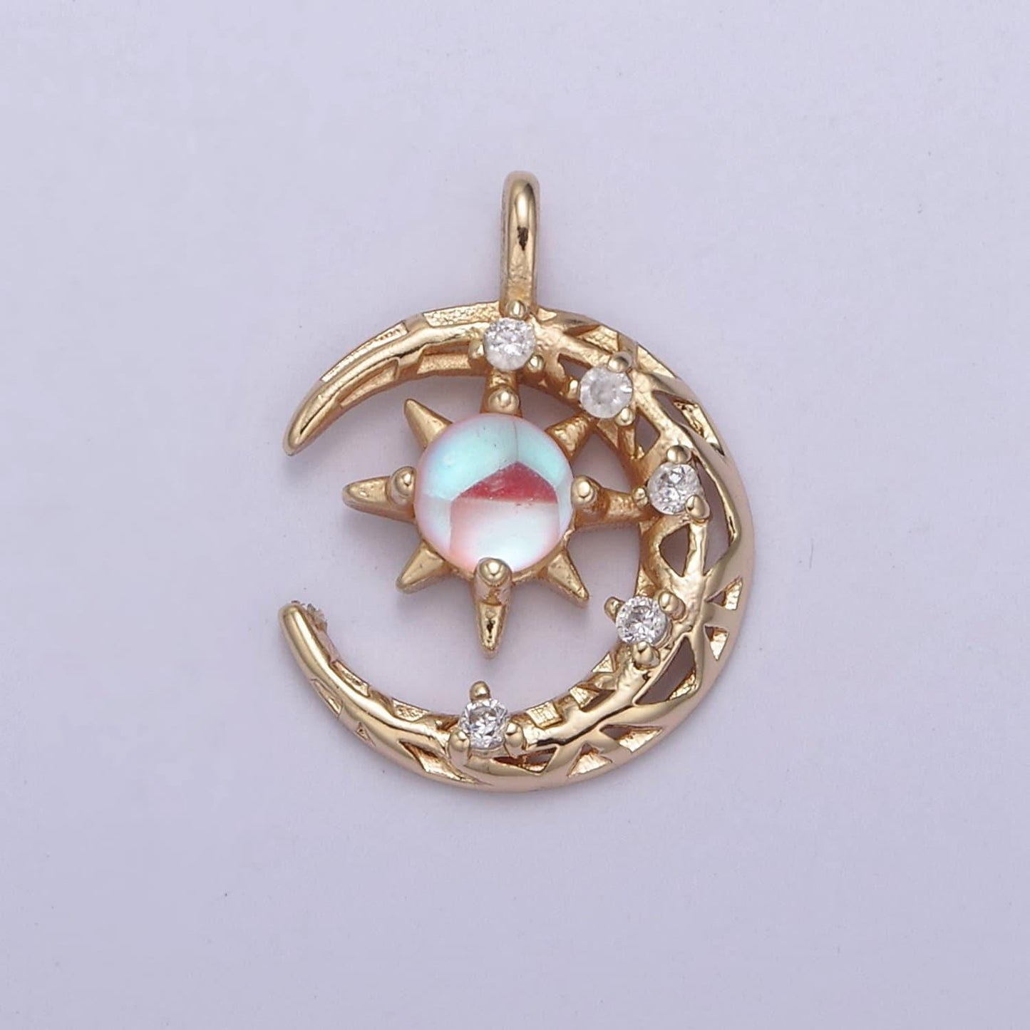 Mini micro pave rainbow moonstone crescent moon pendant in 14k gold filled celestial jewelry june birthstone n-704
