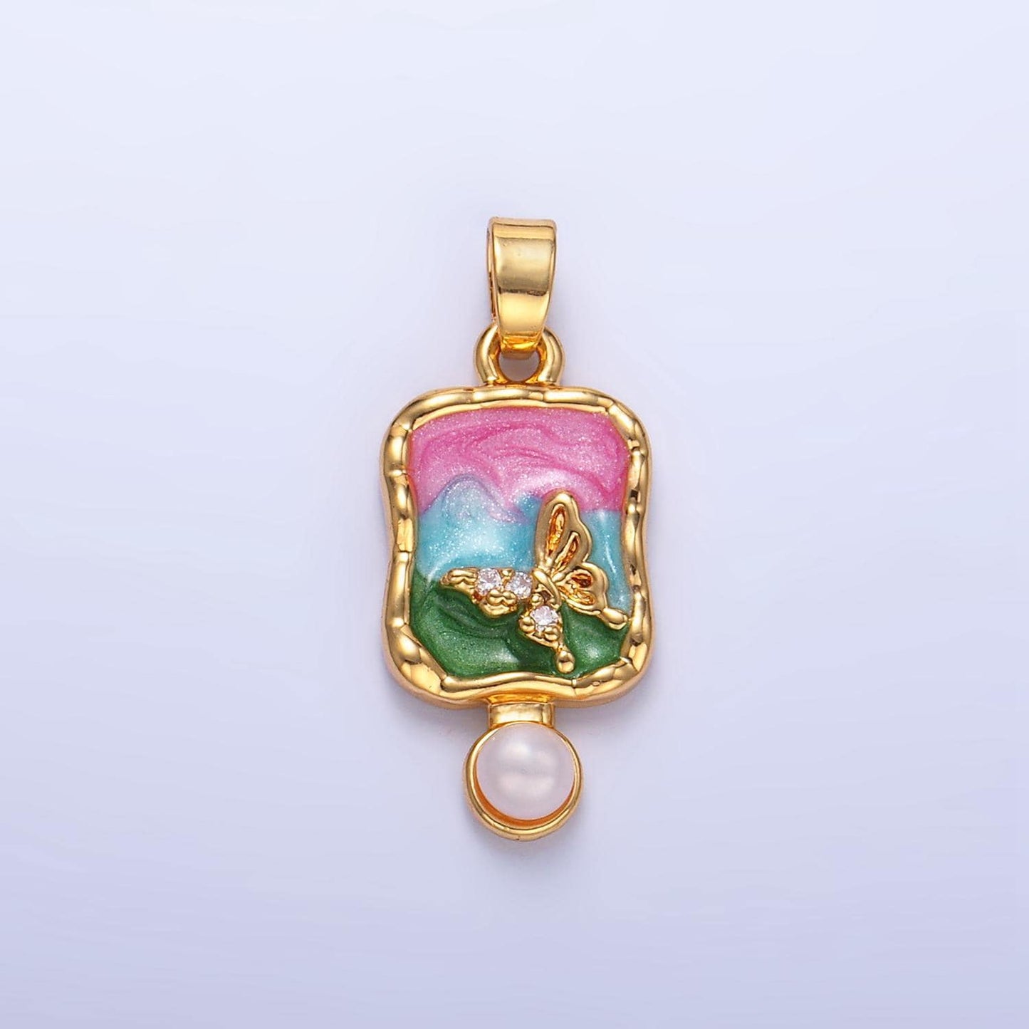 Multicolor cz shell pearl enamel molten stamped butterfly insect 24k gold filled pendant | aa-1037