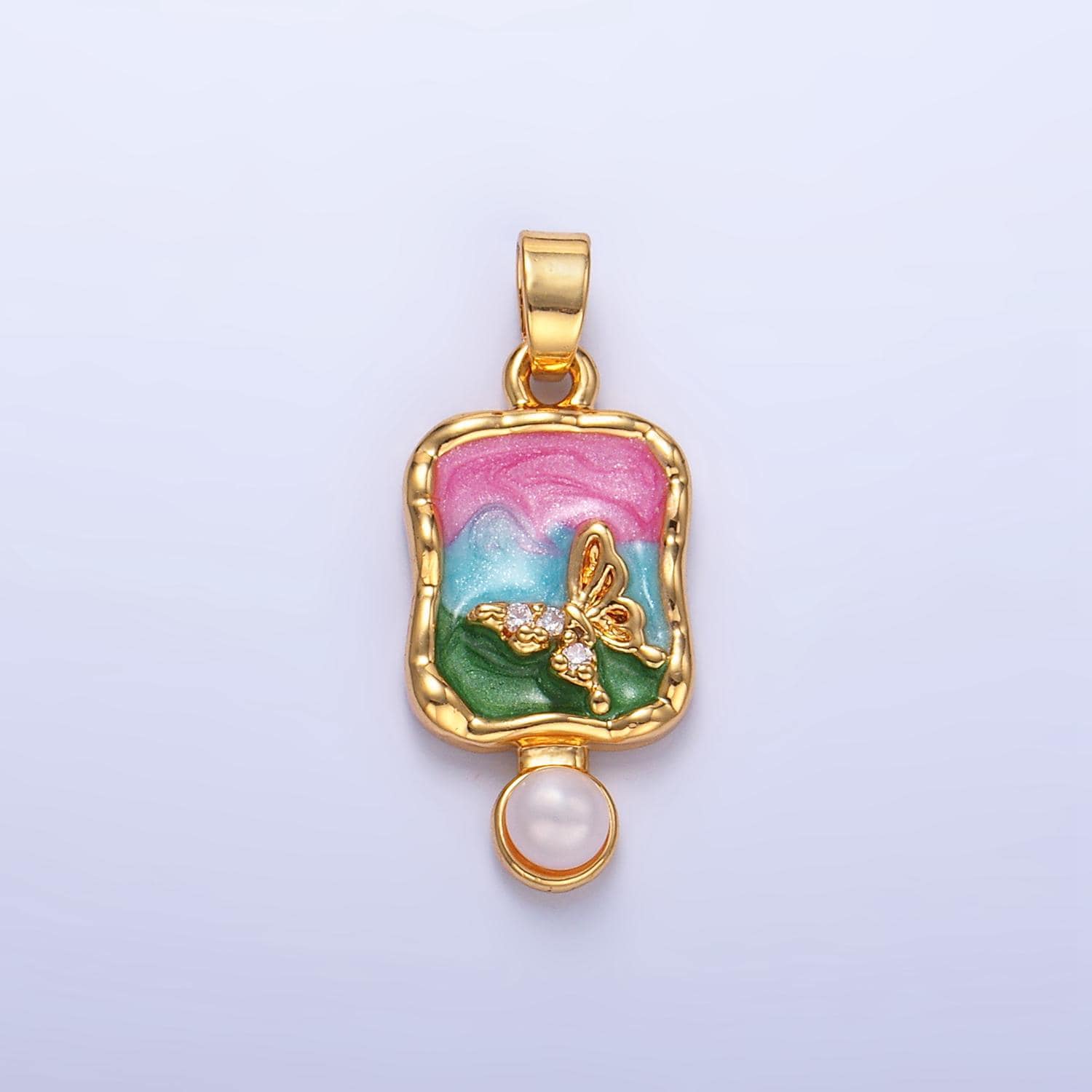 Multicolor cz shell pearl enamel molten stamped butterfly insect 24k gold filled pendant | aa-1037