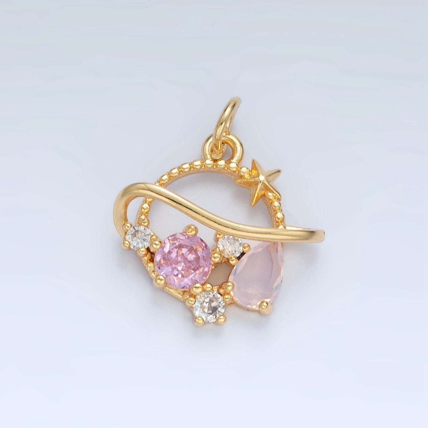 Open saturn planet pink & white cz 24k gold filled celestial charm | x-280