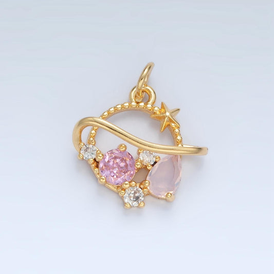 Open saturn planet pink & white cz 24k gold filled celestial charm | x-280