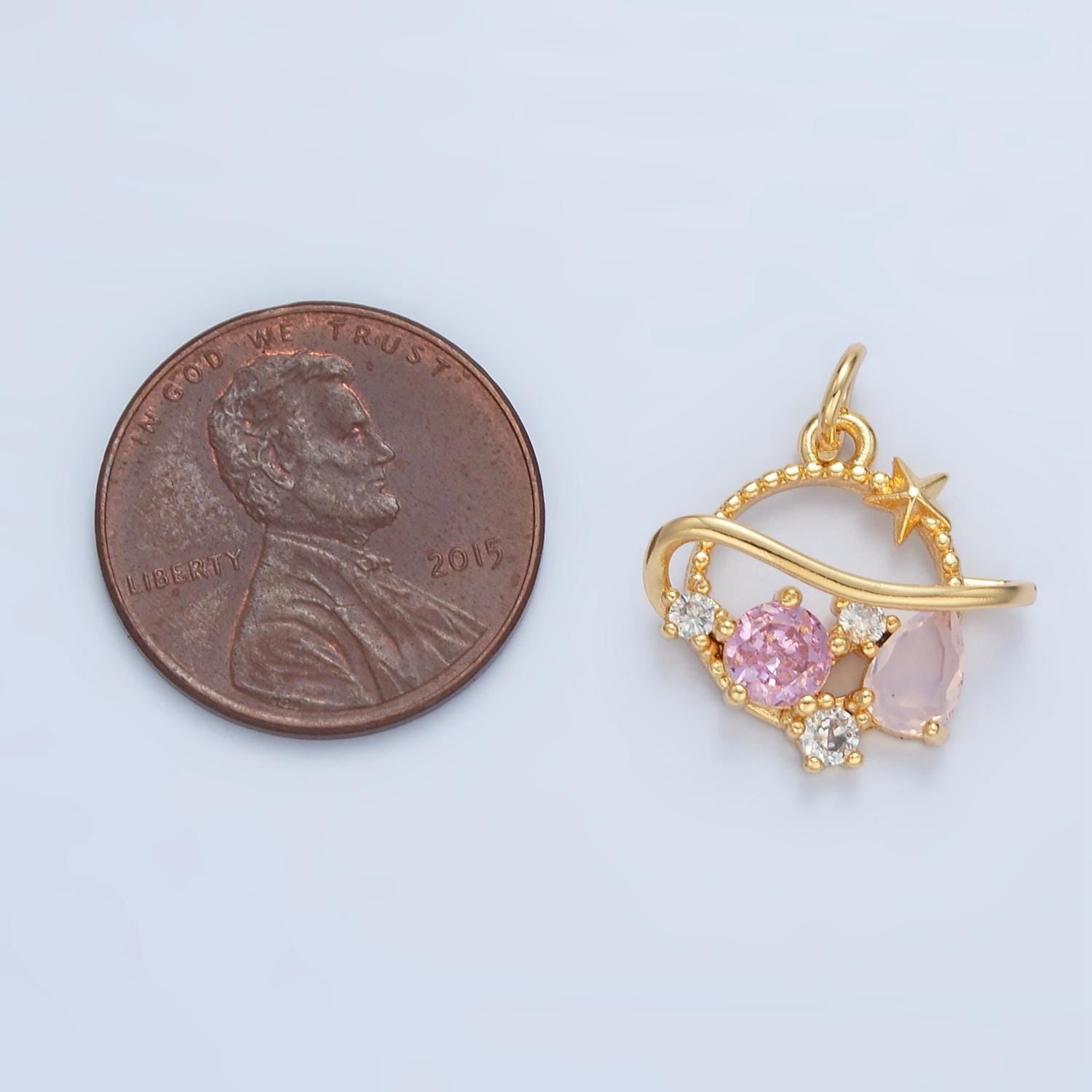 Open saturn planet pink & white cz 24k gold filled celestial charm | x-280