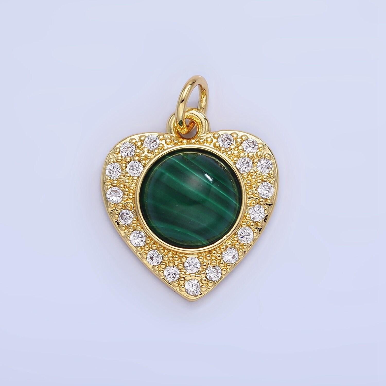 14k gold filled malachite, carnelian micro paved cz heart charm | w-565