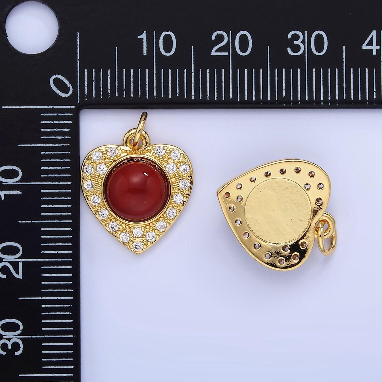 14k gold filled malachite, carnelian micro paved cz heart charm | w-565