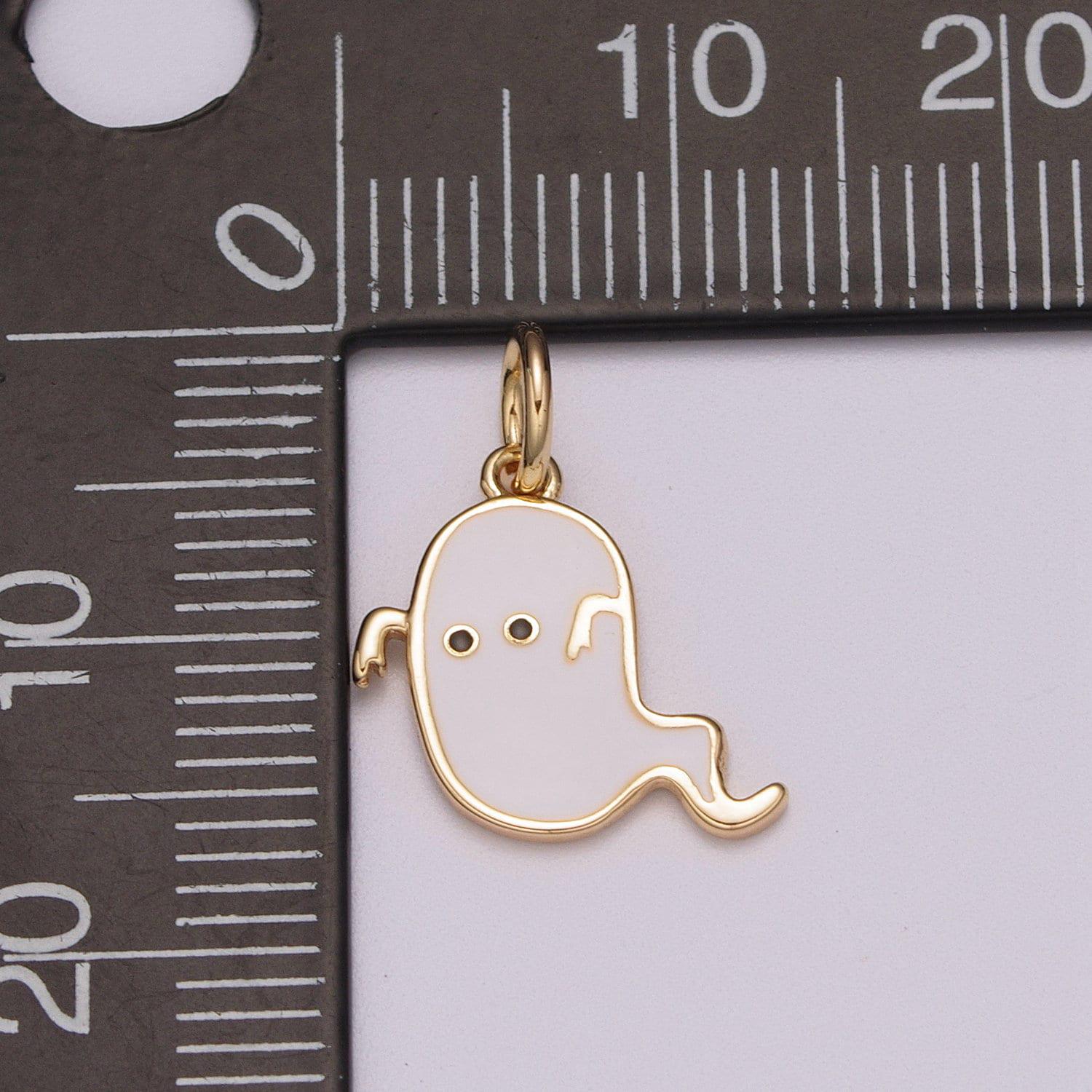 Dainty gold white ghost charm, gold enamel cute scary haunted halloween pendant jewelry inspired