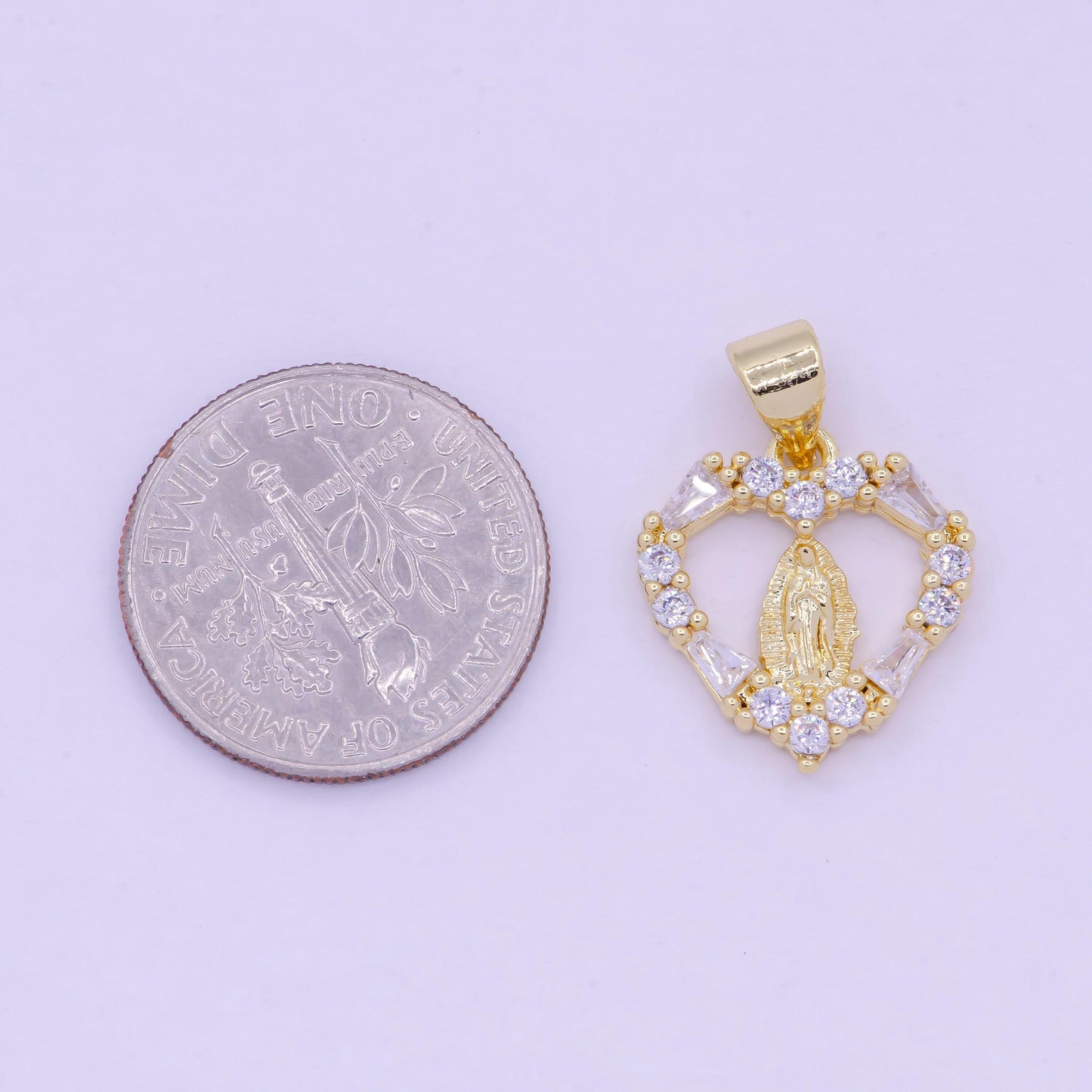 Gold virgin mary on heart emblem pendant, 24k gold filled clear micro paved cz baguette religious lady guadalupe love heart charm | x-462
