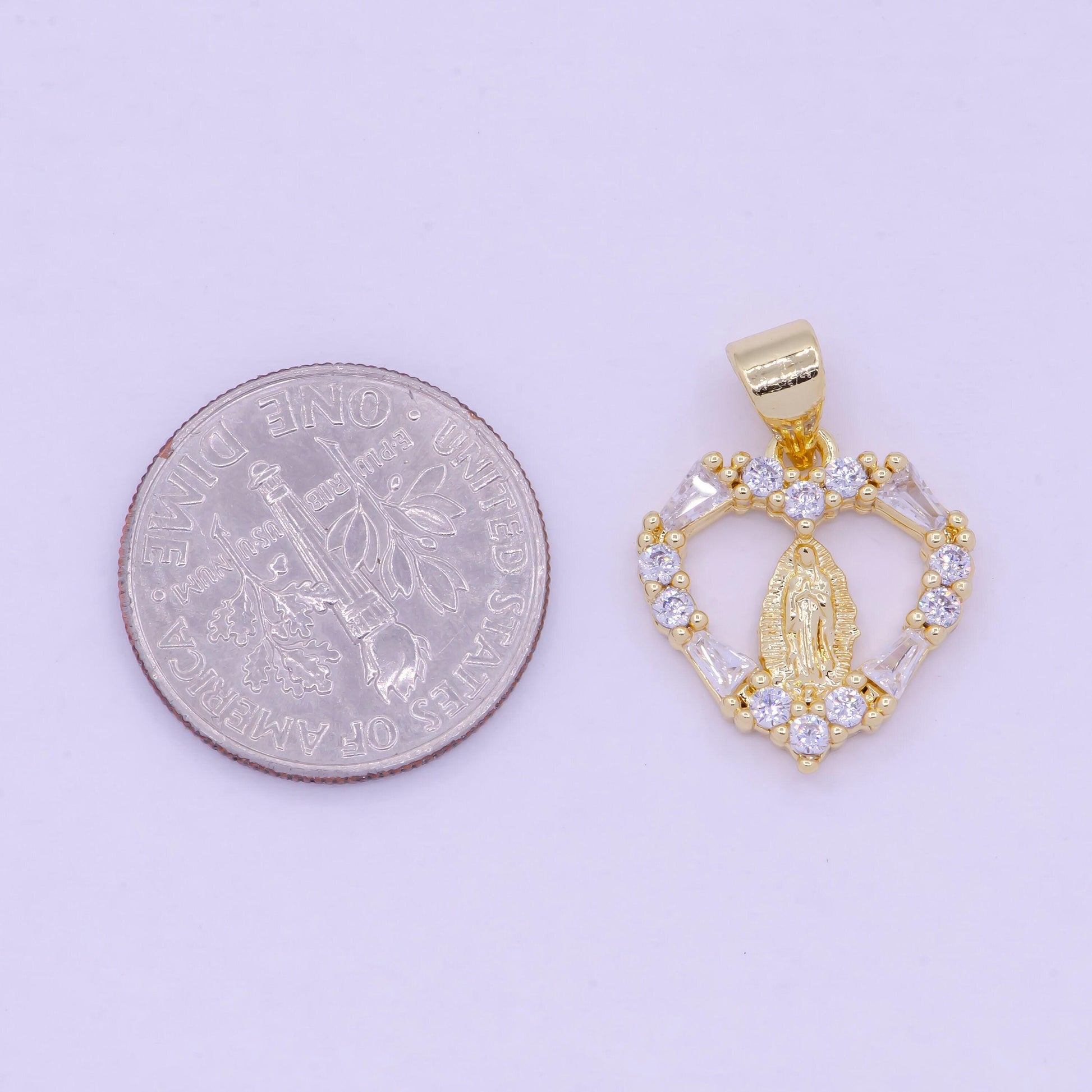 Gold virgin mary on heart emblem pendant, 24k gold filled clear micro paved cz baguette religious lady guadalupe love heart charm | x-462