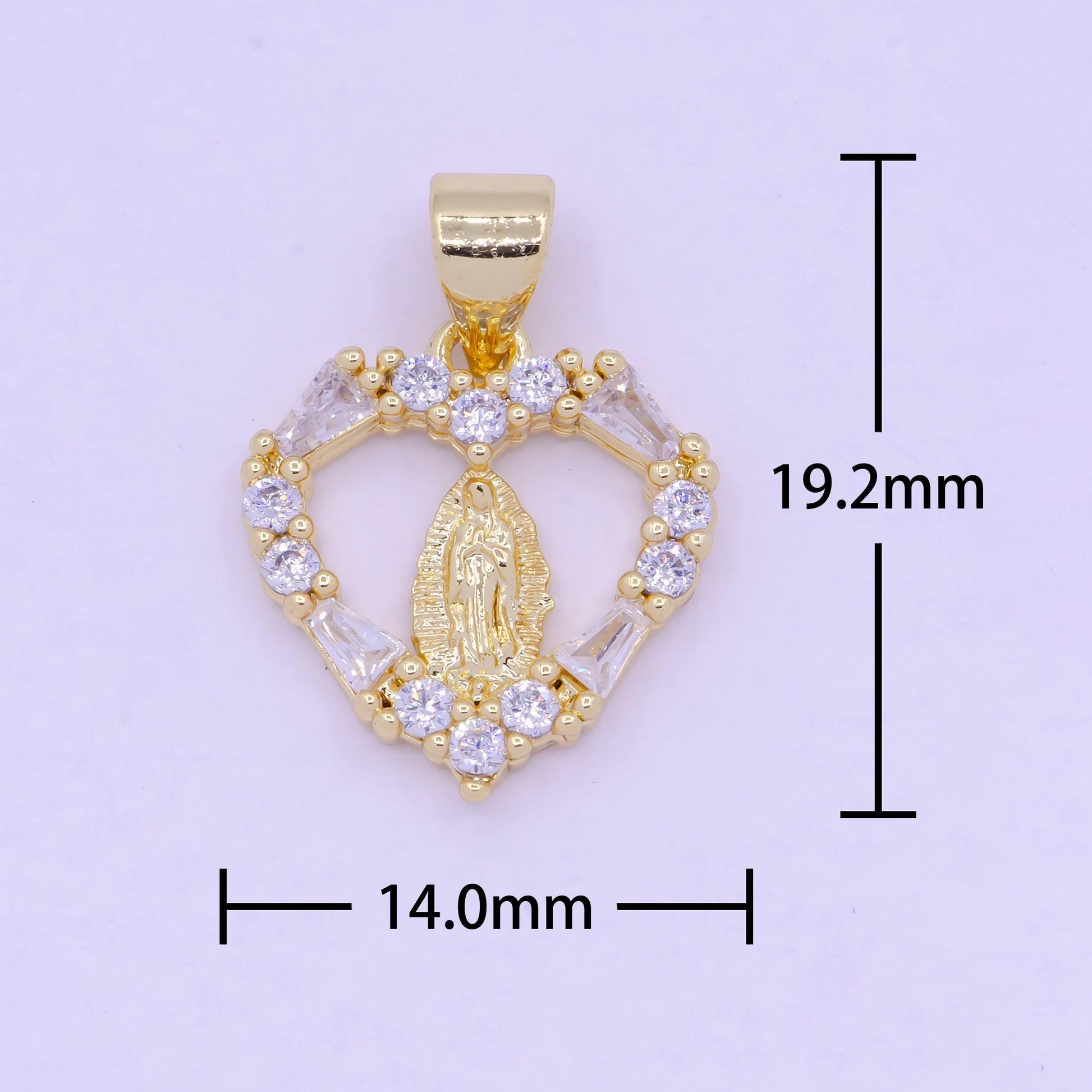 Gold virgin mary on heart emblem pendant, 24k gold filled clear micro paved cz baguette religious lady guadalupe love heart charm | x-462