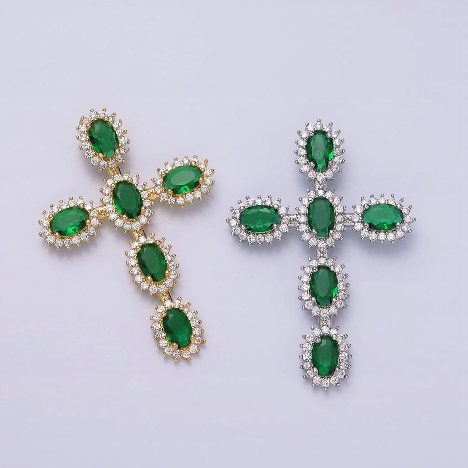 Emerald green cz baguette cross pendant, 16k gold filled clear micro paved diamond cz center cut cross religious charm | x-503