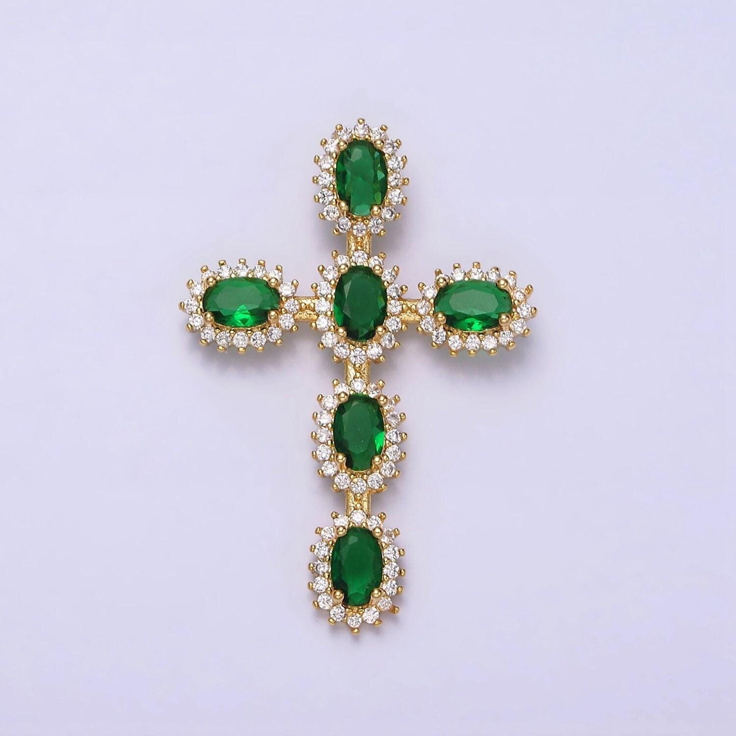 Emerald green cz baguette cross pendant, 16k gold filled clear micro paved diamond cz center cut cross religious charm | x-503