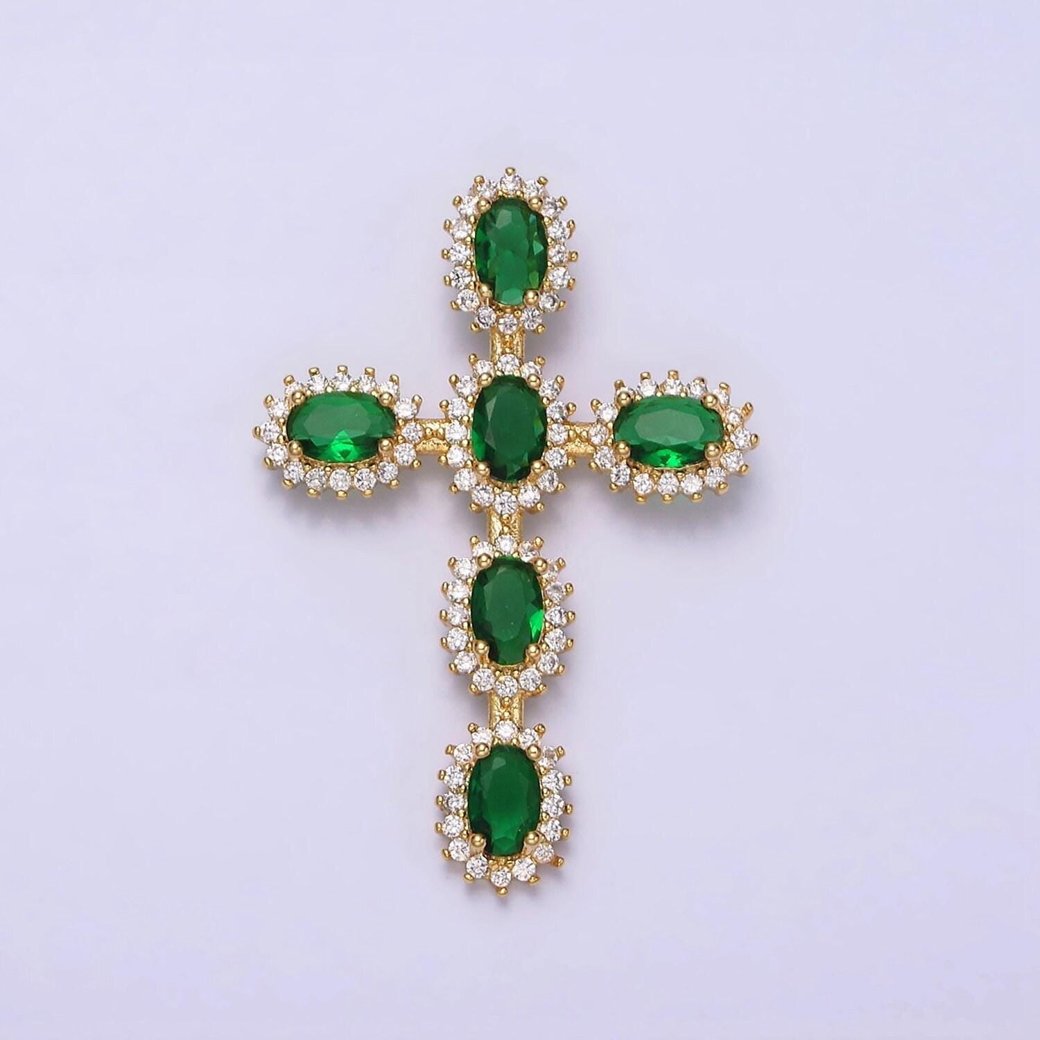 Emerald green cz baguette cross pendant, 16k gold filled clear micro paved diamond cz center cut cross religious charm | x-503