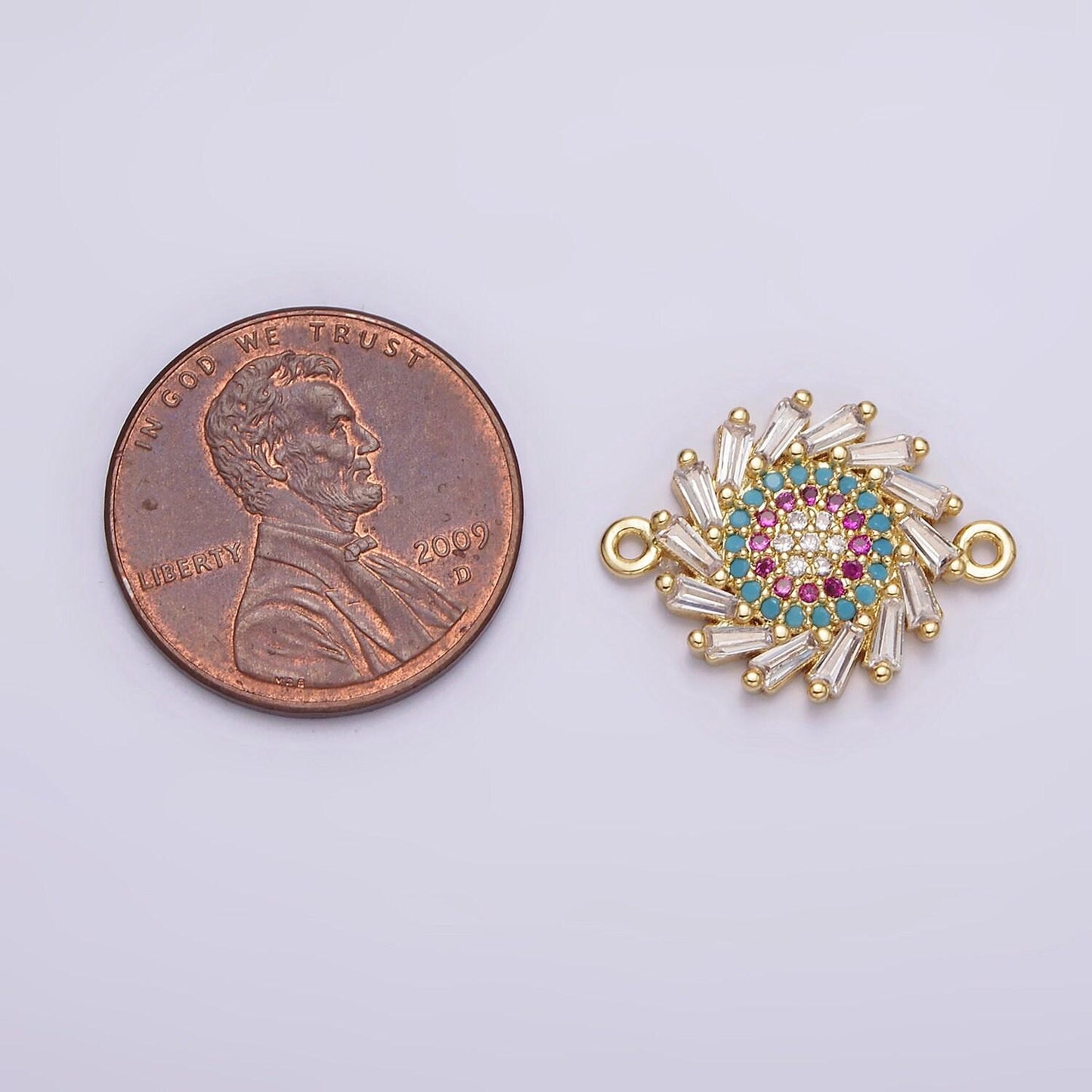 14k gold filled multicolor evil eye charm connector round clear baguette sun burst link connector | g652