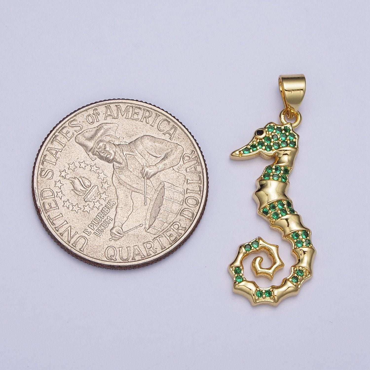 Thin cartoon green sea horse pendant, dainty animated seahorse green micro pave cz charm, 24k gold plated animal charm under the sea | x-475