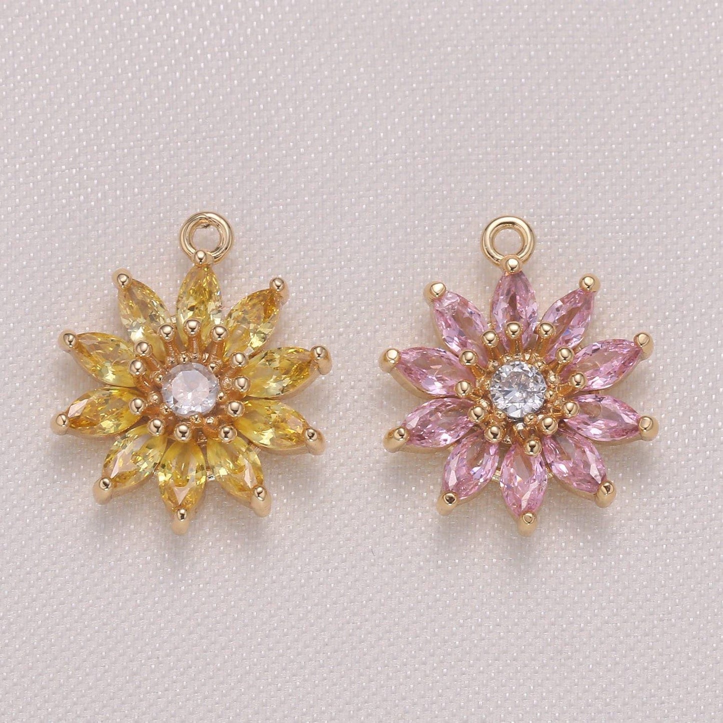 Dainty pink yellow sunflower cubic zirconia cz charm pendant floral nature charm bracelet necklace earring supply, 962