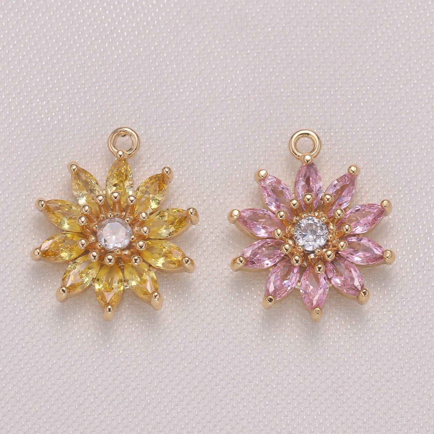 Dainty pink yellow sunflower cubic zirconia cz charm pendant floral nature charm bracelet necklace earring supply, 962