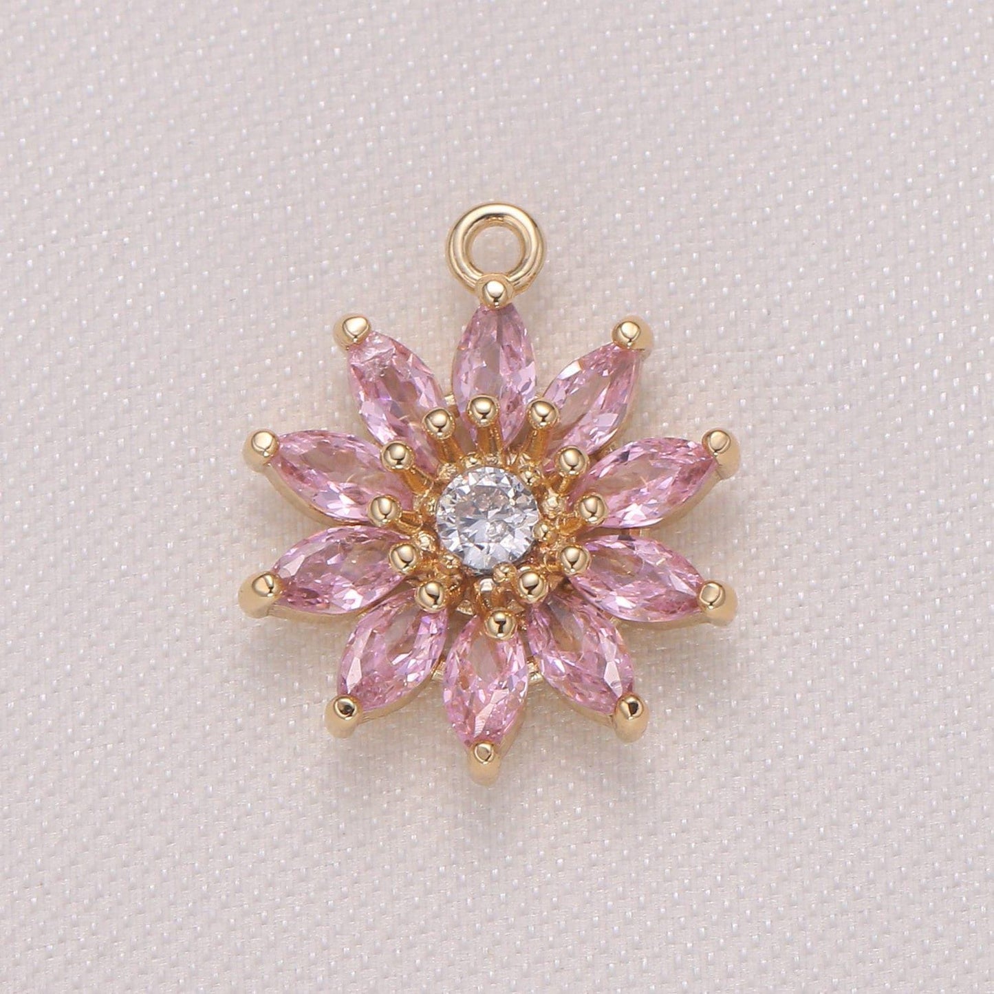 Dainty pink yellow sunflower cubic zirconia cz charm pendant floral nature charm bracelet necklace earring supply, 962