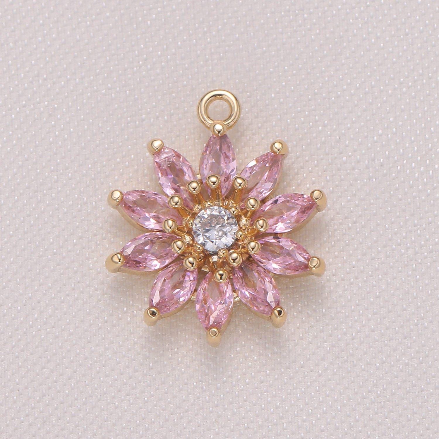 Dainty pink yellow sunflower cubic zirconia cz charm pendant floral nature charm bracelet necklace earring supply, 962