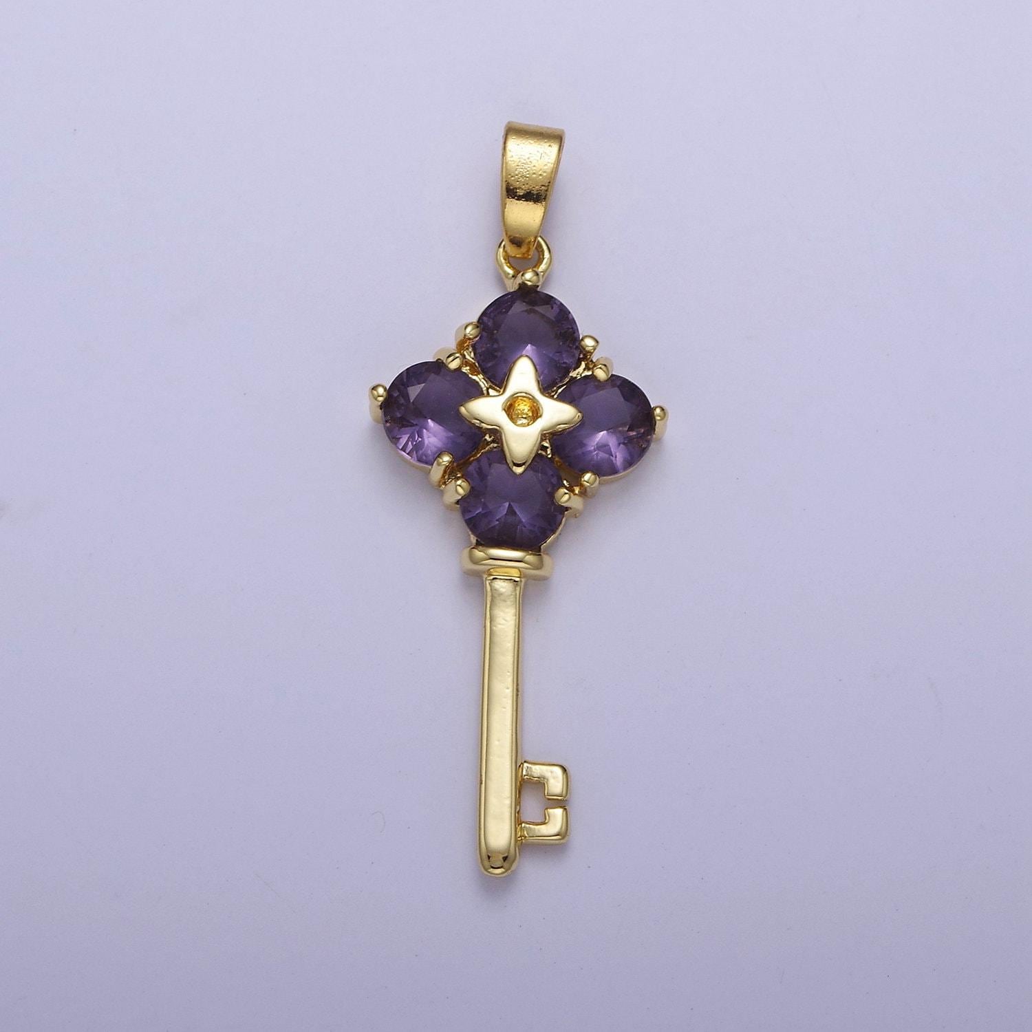 Gold amethyst purple daisy flower key pendant charm for jewelry necklace making j-528