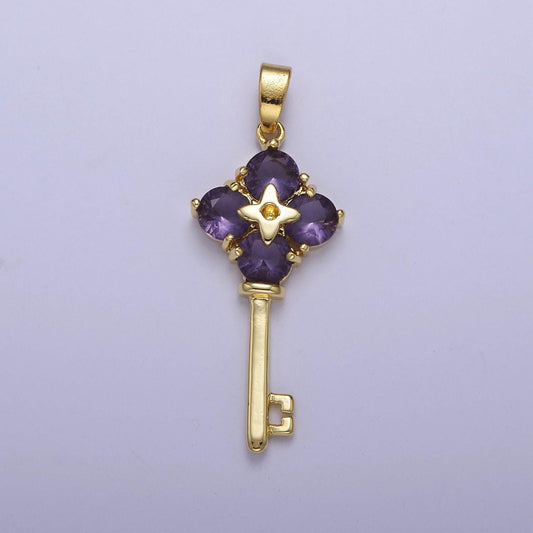 Gold amethyst purple daisy flower key pendant charm for jewelry necklace making j-528
