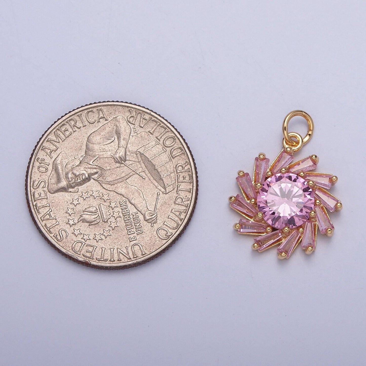 16k gold plated heavenly pink flower diamond cubic zirconia cz baguette stone charm pendant floral nature charm | x-262