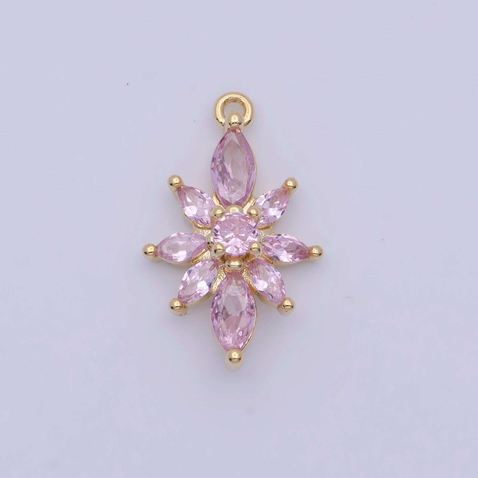 Gold pink cz lotus flower pendant, 16k gold plated micro paved yoga pink cz floral florette charm | ag136