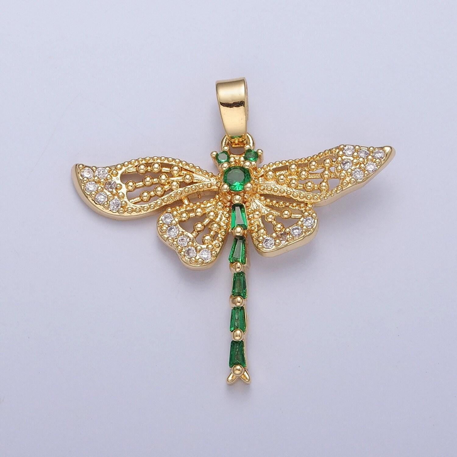 24k gold plated dragonfly pendant w/ green baguette stones, cubic animal pendant, gold dragonfly pendant for necklace earring supply | x-324