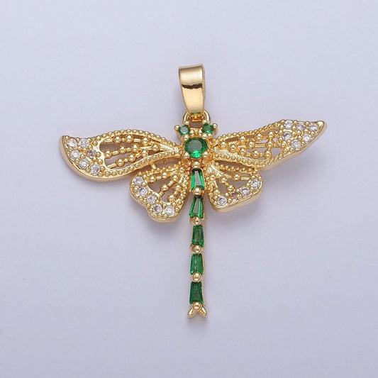 24k gold plated dragonfly pendant w/ green baguette stones, cubic animal pendant, gold dragonfly pendant for necklace earring supply | x-324