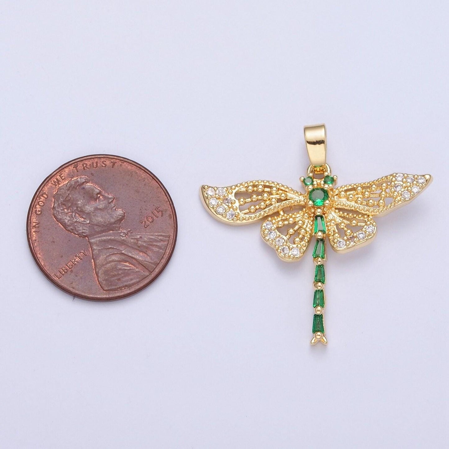 24k gold plated dragonfly pendant w/ green baguette stones, cubic animal pendant, gold dragonfly pendant for necklace earring supply | x-324