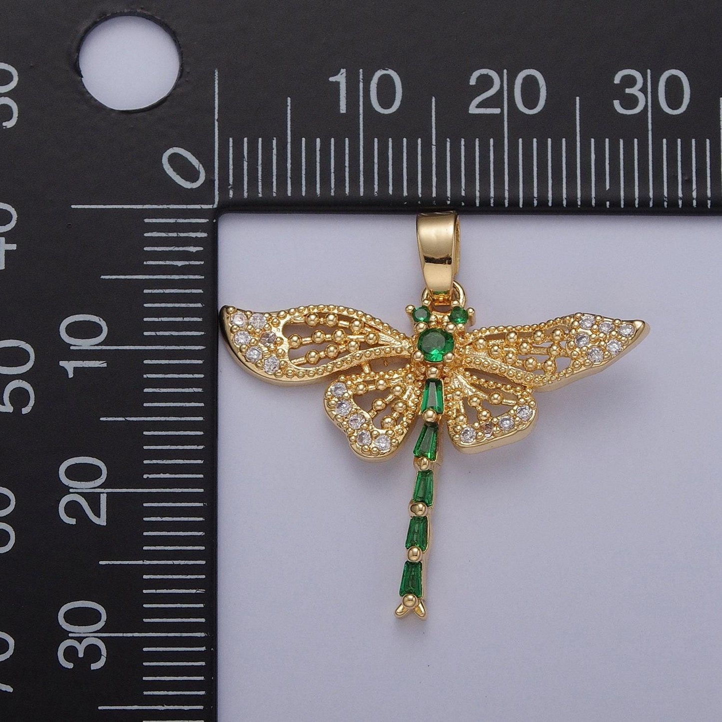 24k gold plated dragonfly pendant w/ green baguette stones, cubic animal pendant, gold dragonfly pendant for necklace earring supply | x-324