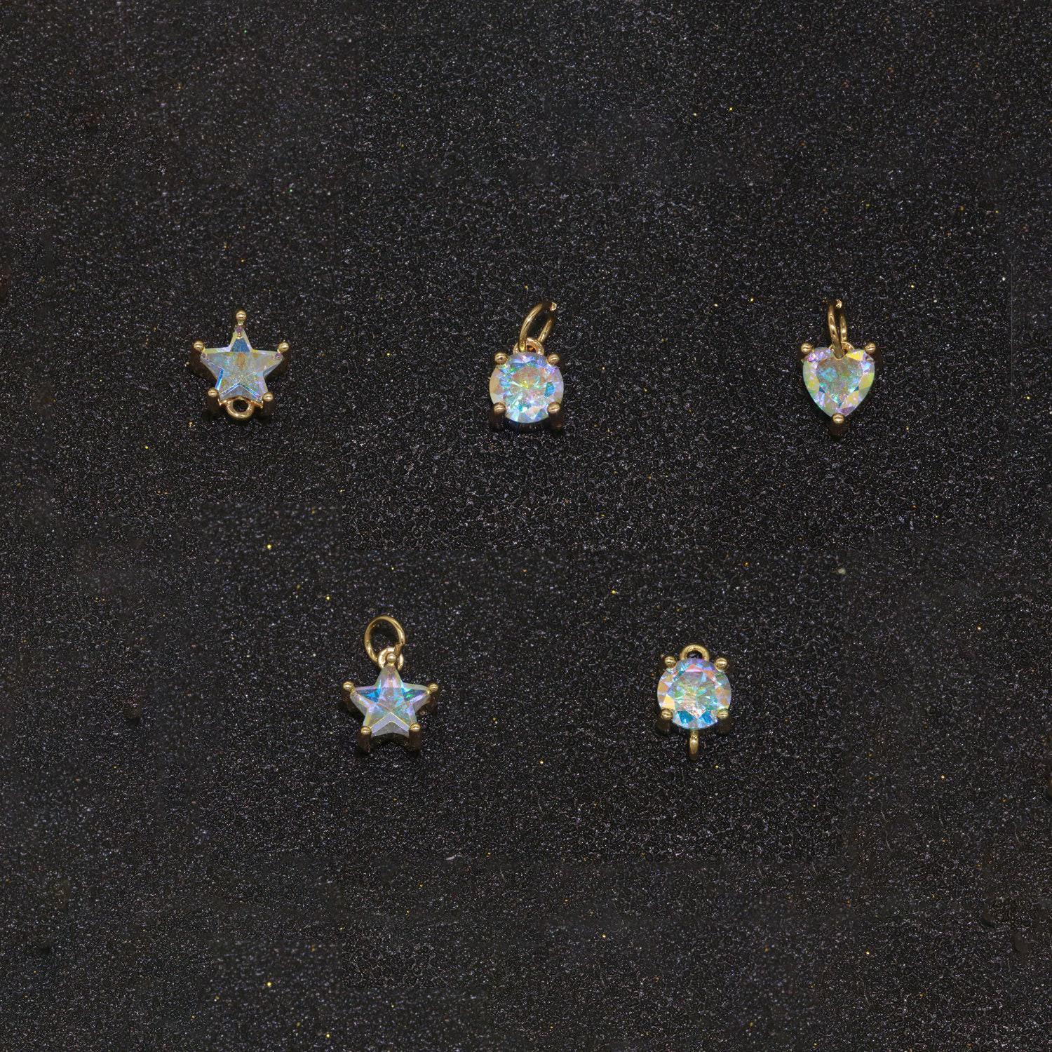 Mini gold filled charms circle star heart cz pendant ab rainbow cz charm, aurore boreale cubic zirconia charm geometric jewelry supply