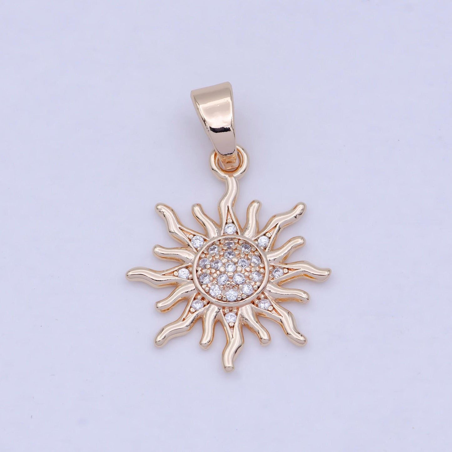 Simple sunburst pendant, 18k rosy gold filled clear micro paved cz sun rays charm | x-465