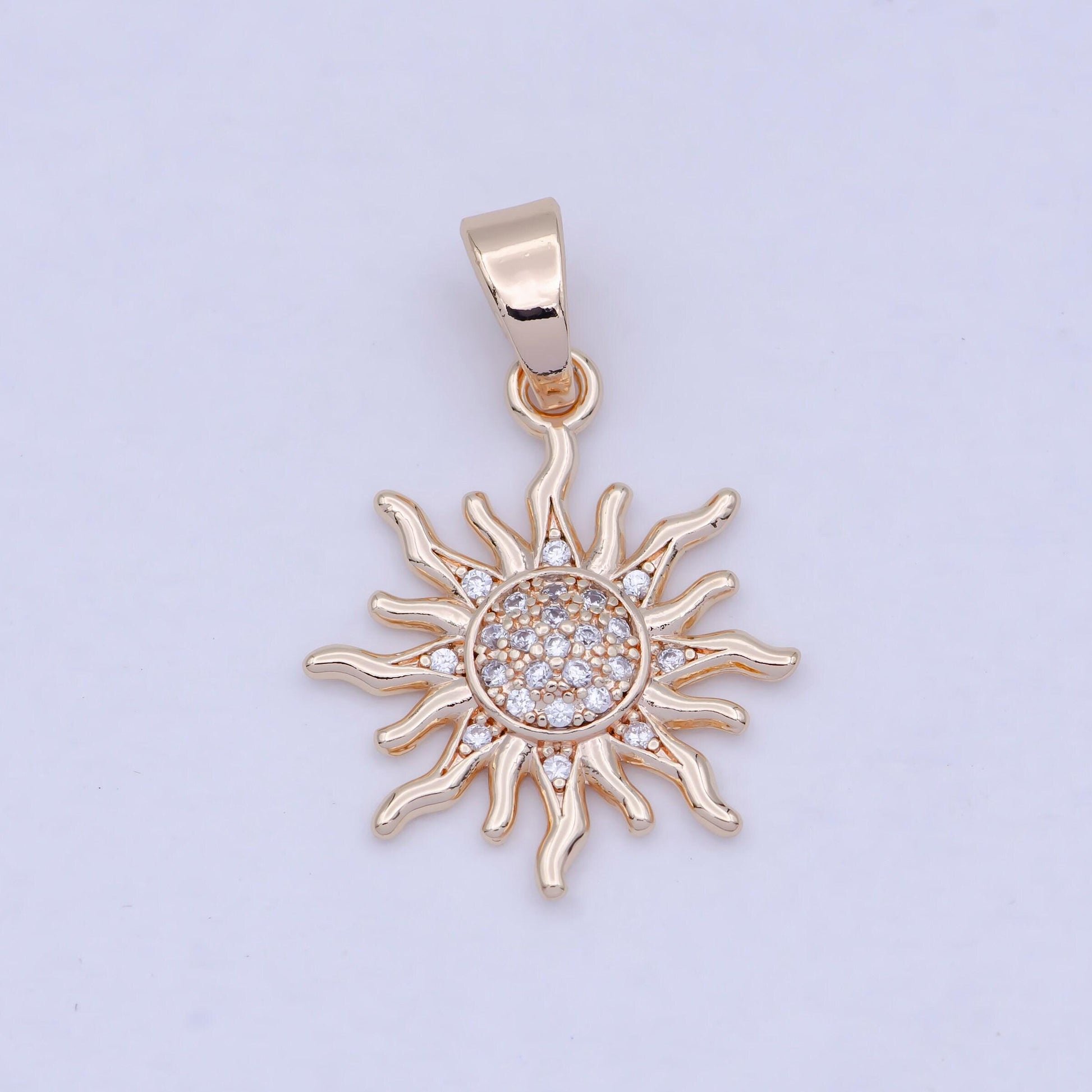 Simple sunburst pendant, 18k rosy gold filled clear micro paved cz sun rays charm | x-465