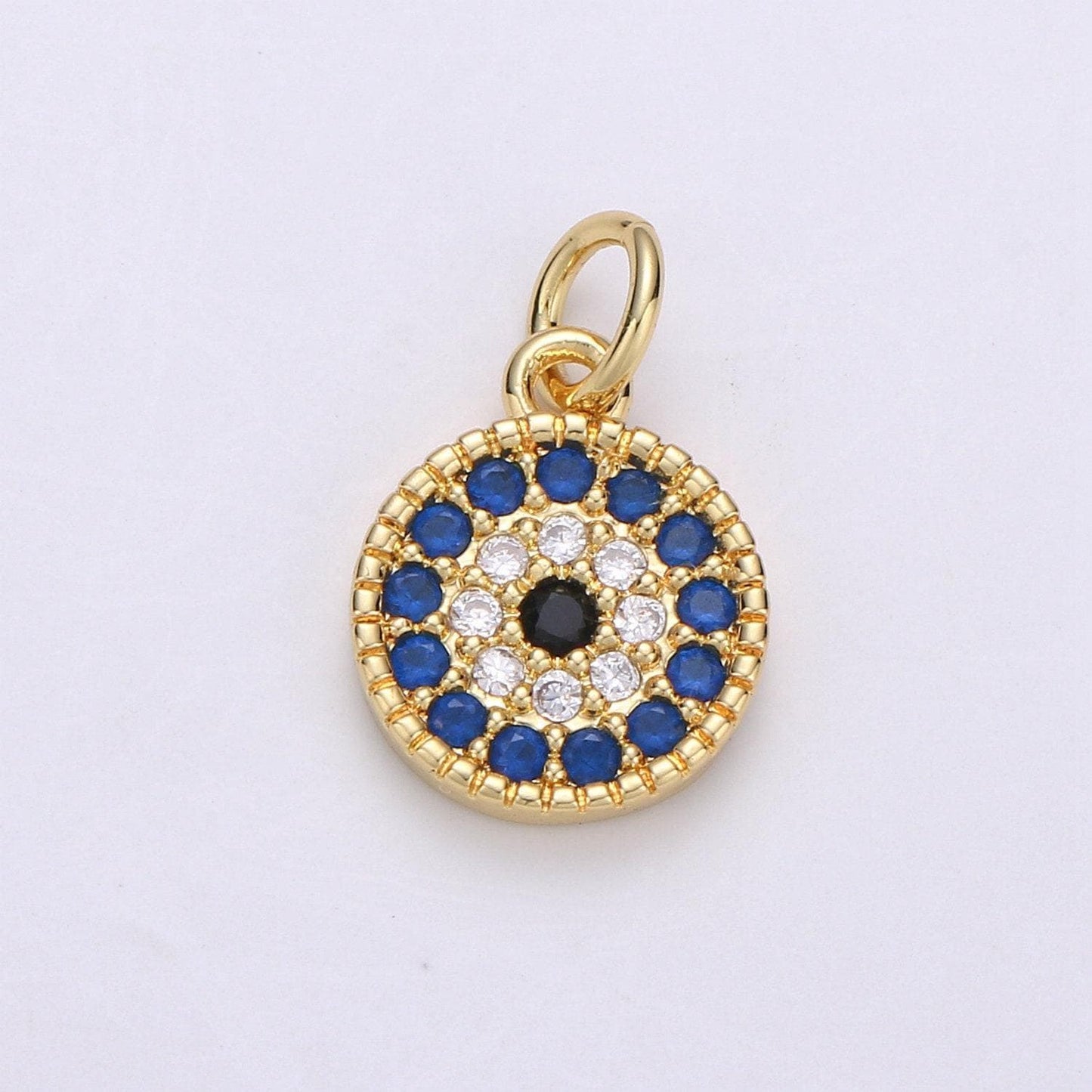 Tiny cz blue micro pave coin charm,round disc pave charm, gold micro pave dangle charms for necklace bracelet earring supply