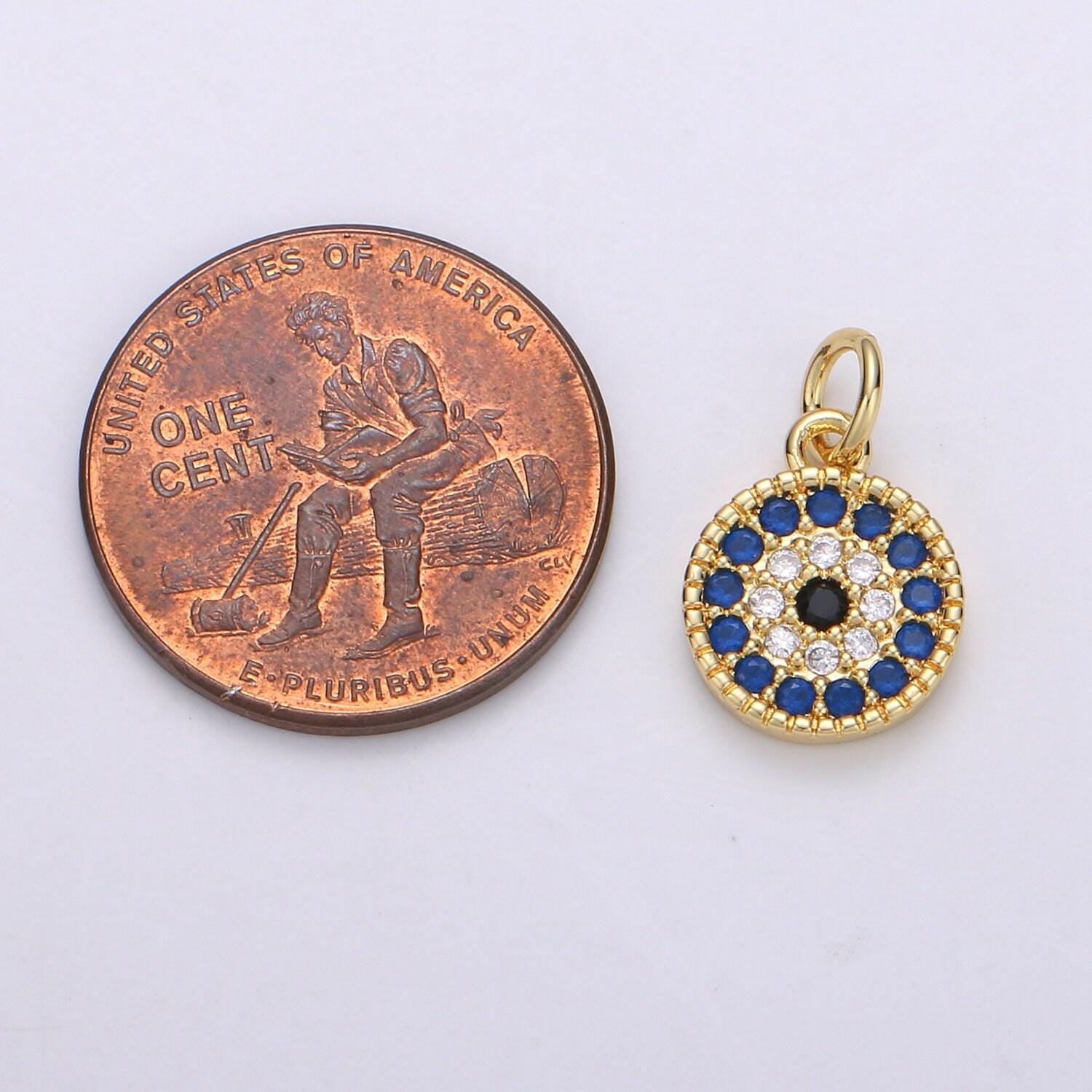 Tiny cz blue micro pave coin charm,round disc pave charm, gold micro pave dangle charms for necklace bracelet earring supply