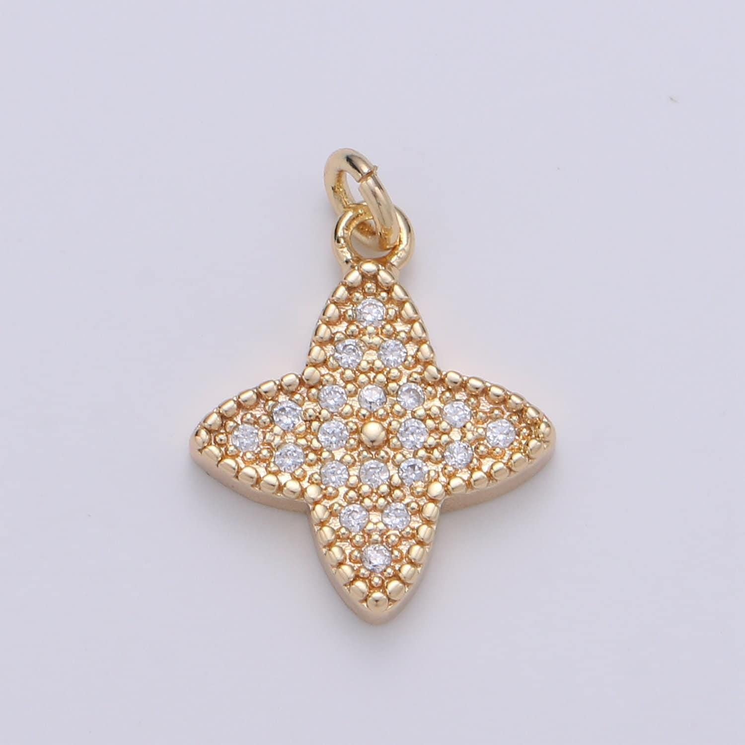 24k gold star charm pendant, gold celestial charms, flower charm necklace, micro pave cz cubic star jewelry inspired