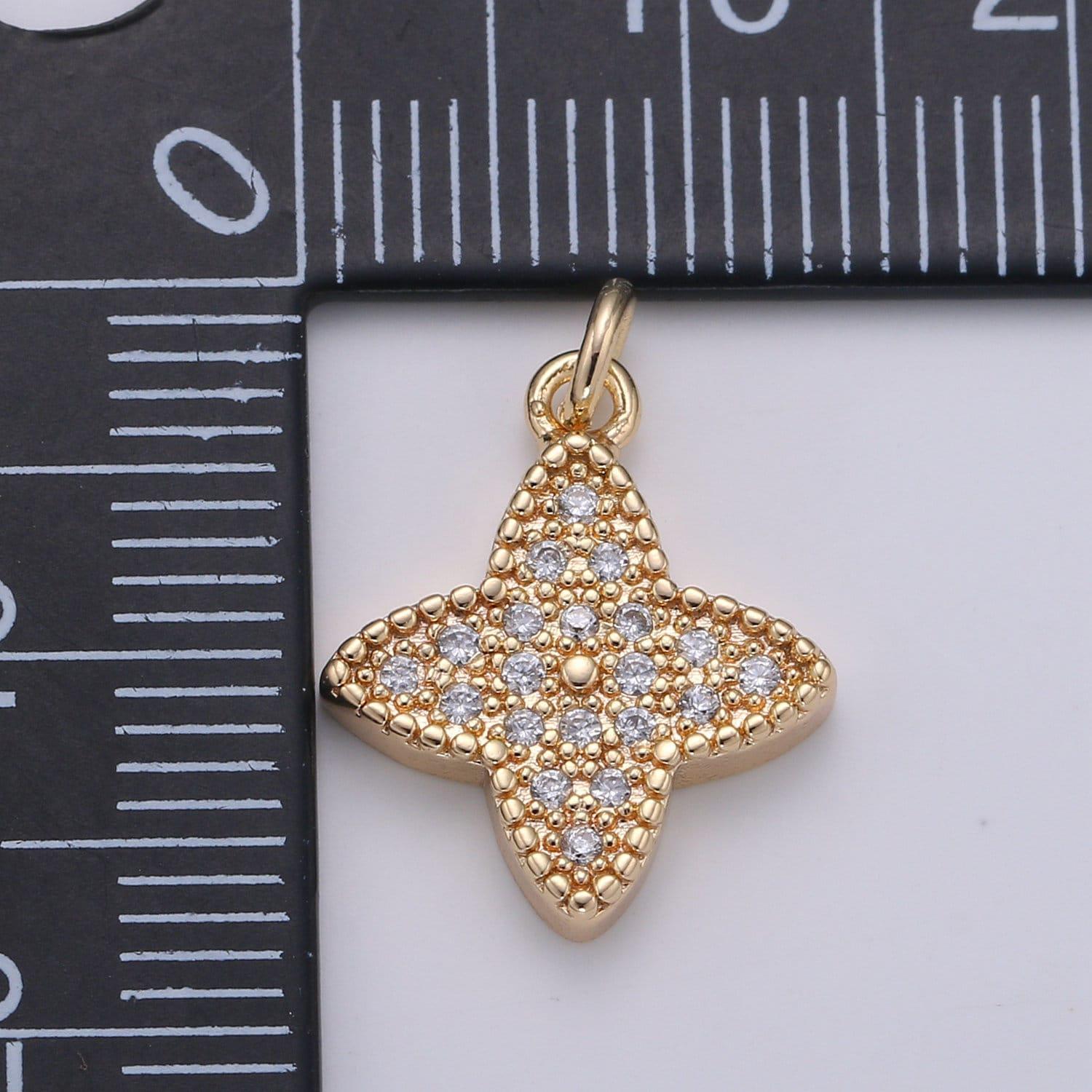 24k gold star charm pendant, gold celestial charms, flower charm necklace, micro pave cz cubic star jewelry inspired