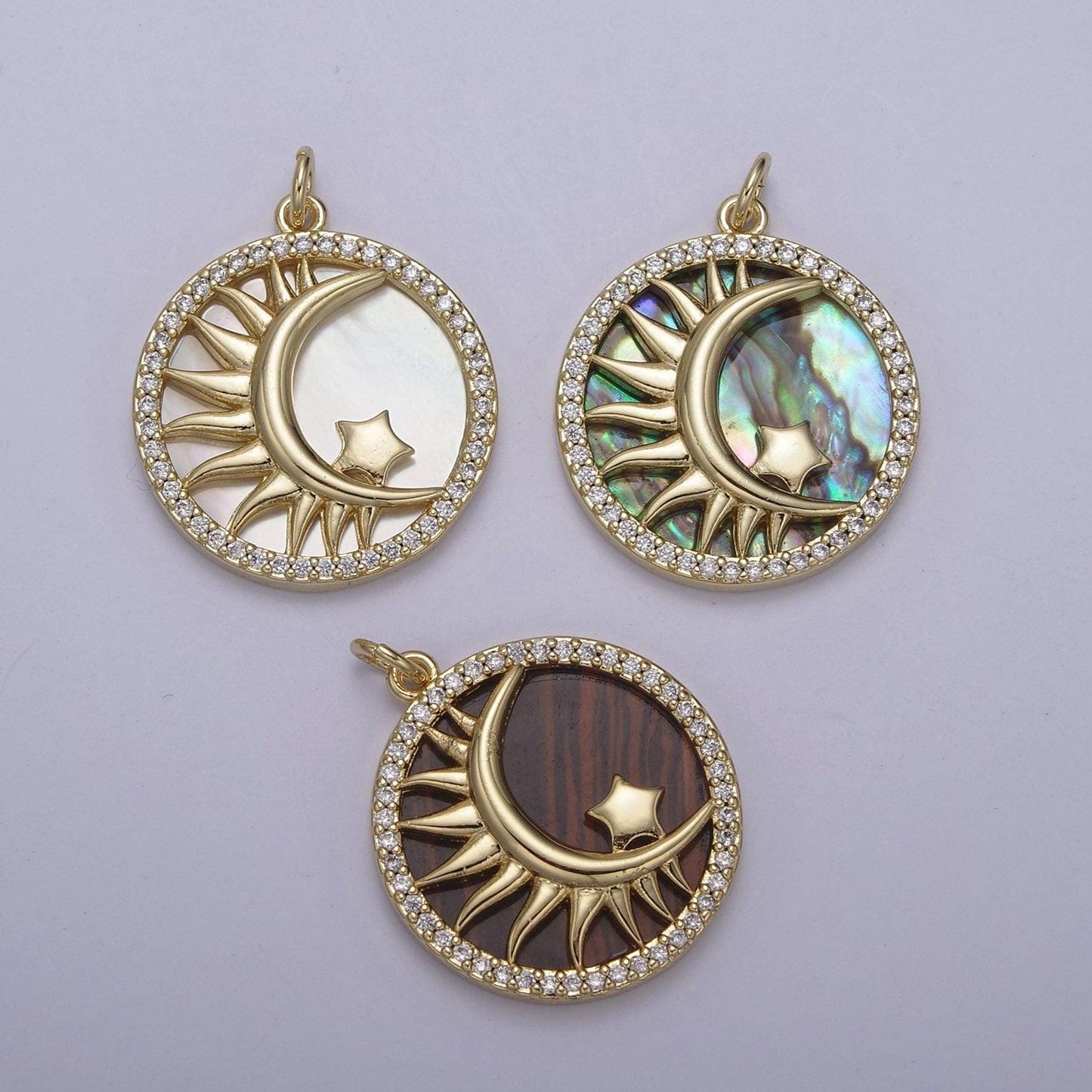14k gold filled pearl, tiger eye, abalone shell charm pendant crescent moon star charm for celestial necklace bracelet jewelry making n-700