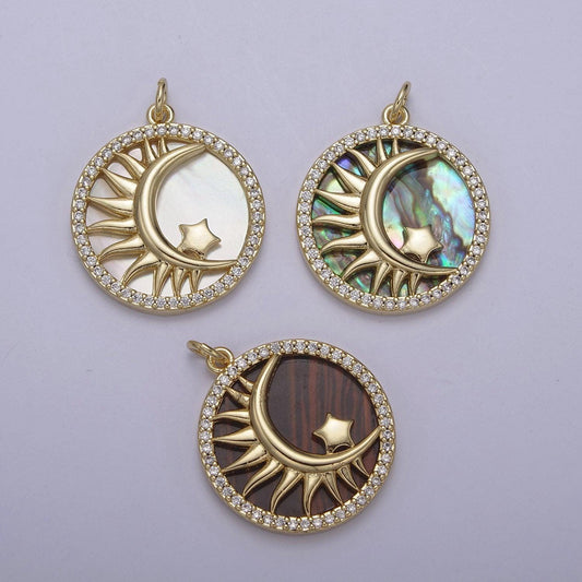 14k gold filled pearl, tiger eye, abalone shell charm pendant crescent moon star charm for celestial necklace bracelet jewelry making n-700